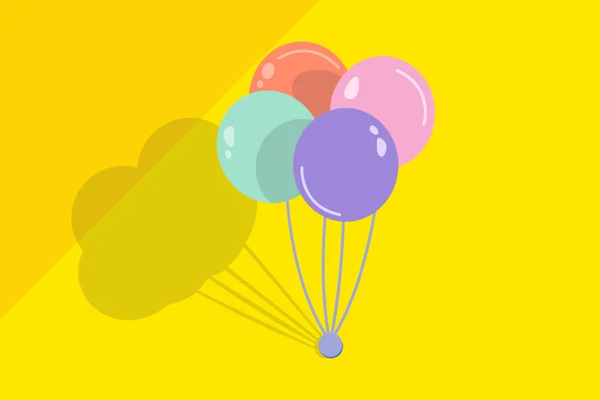 Un grup de cinci baloane în culori pastel este ilustrat pe un fundal galben intens. Baloanele proiecteaza o umbra distincta, adaugand profunzime compozitiei simple si jucause. Imaginea foloseste nuante de roz, mov, albastru si rosu, creand o stare vesela si festiva. Nu sunt prezente texte, numere sau branduri identificabile.