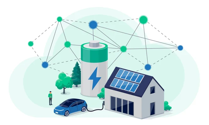 Home virtual battery energy storage with house photovoltaic solar panels on roof and rechargeable li-ion electricity backup. Electric car charging on renewable smart power network grid cloud system.